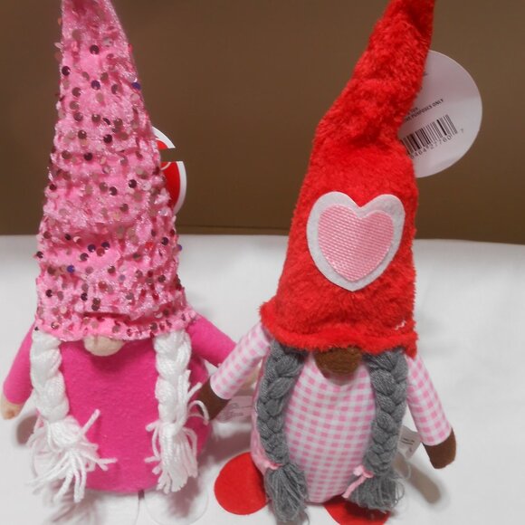 2 NEW Valentine's Day Decorative weighted Gnomes pink & red w/ braids 15" ππ - Picture 1 of 9